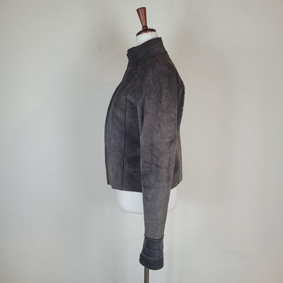Express Jacket Women Small Brown Suede Leather Sherpa Lined Zip Stand Collar 90s - Picture 7 of 13